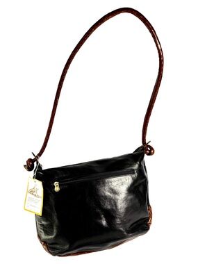 Ladies Black Leather Shoulder Bag with Brown Strap